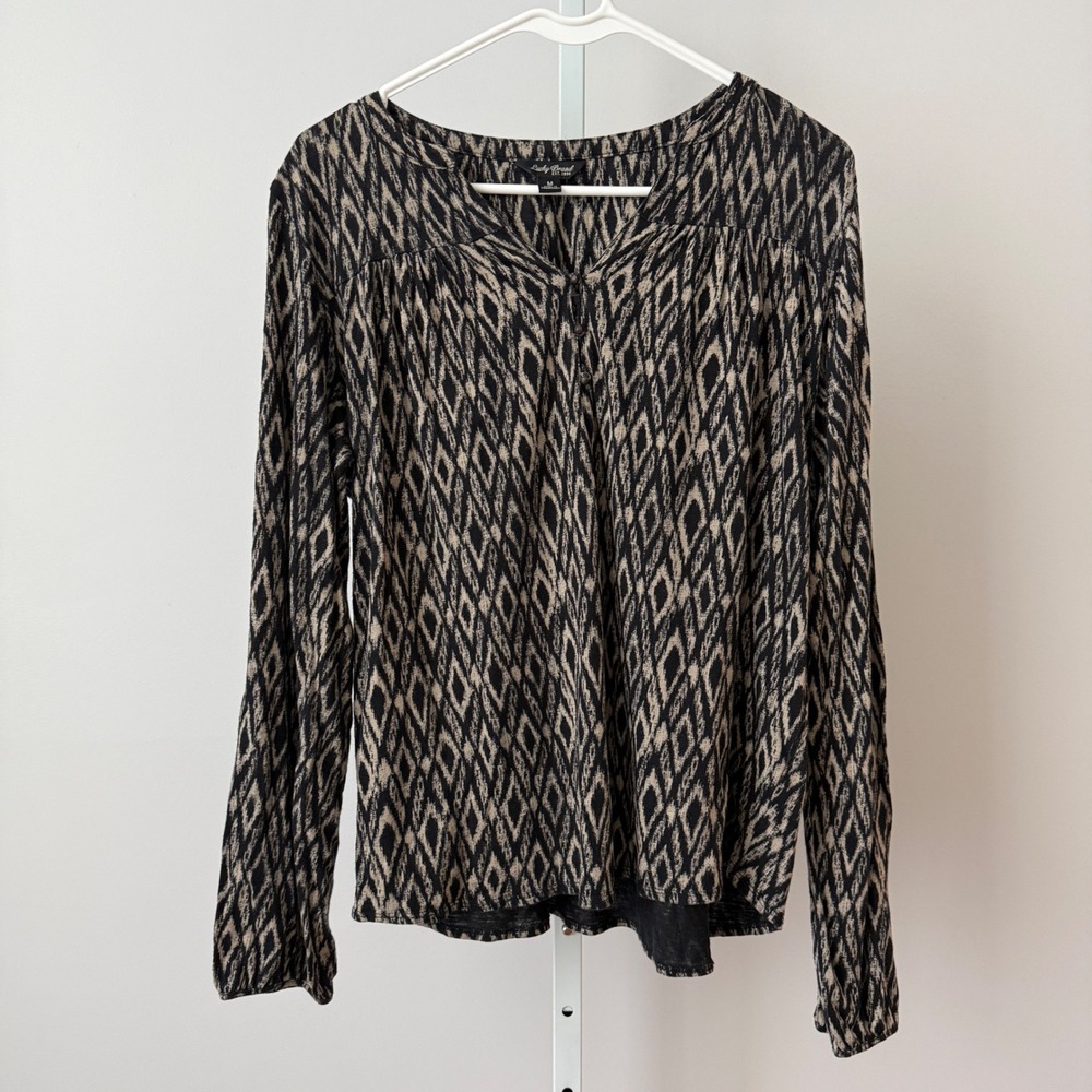 Lucky Brand Cotton Boho Relaxed Slouchy Lagenlook Ikat Print Blouse Medium Black
